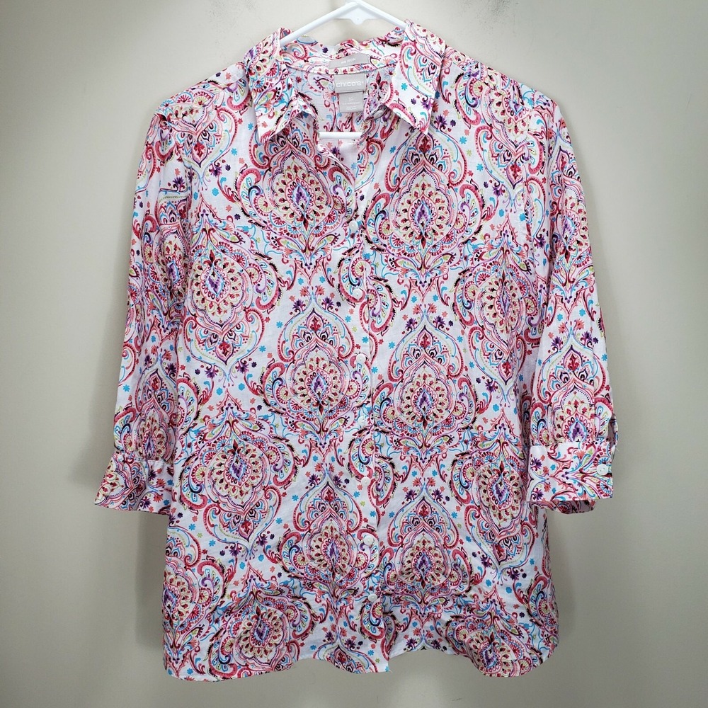 Chico's Linen No Iron white pink paisley button up top womens 1P=MP 8/10P womens